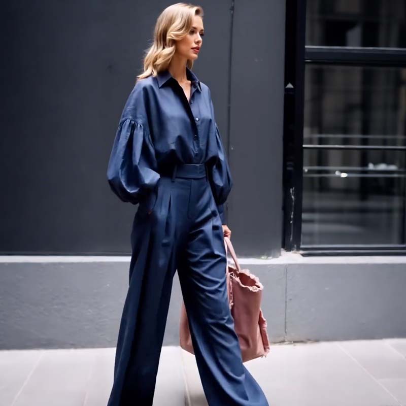 Vienkrāsains atloks ar garām piedurknēm brīvs krekls un ikdienas platu bikšu komplekts