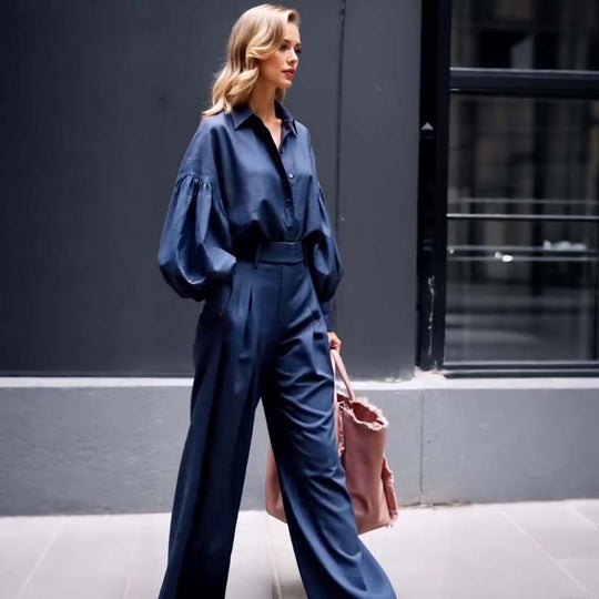 Vienkrāsains atloks ar garām piedurknēm brīvs krekls un ikdienas platu bikšu komplekts