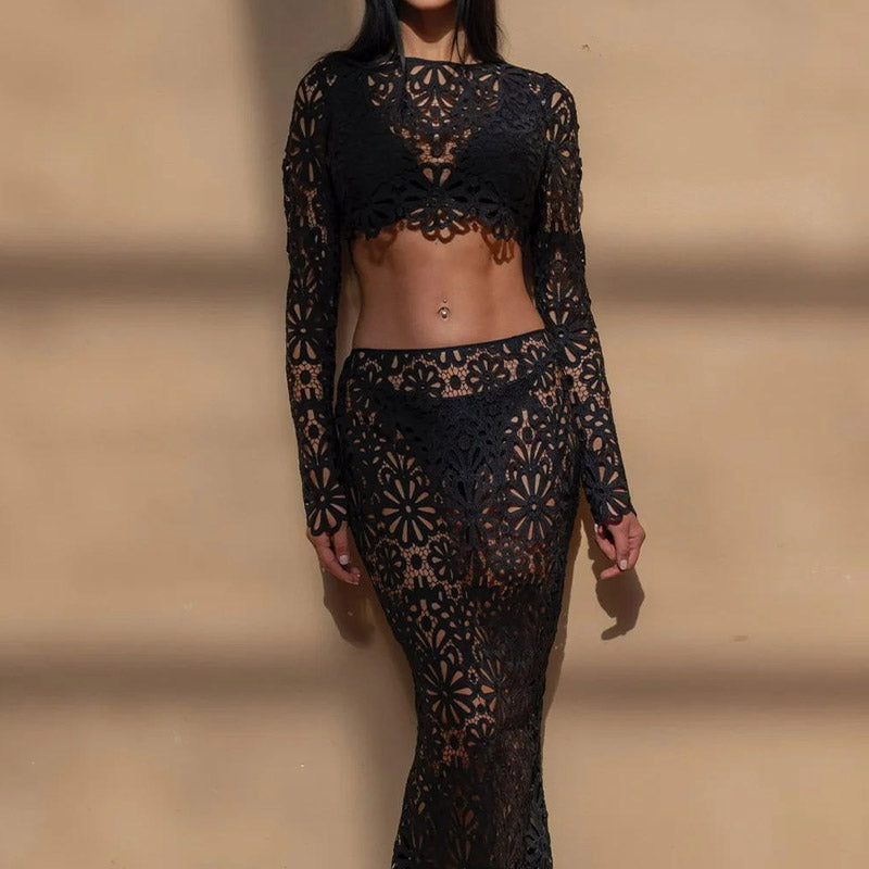 Balmy Summers Virkad spets Blommönster Elastisk midja Fishtail Semester Maxikjol