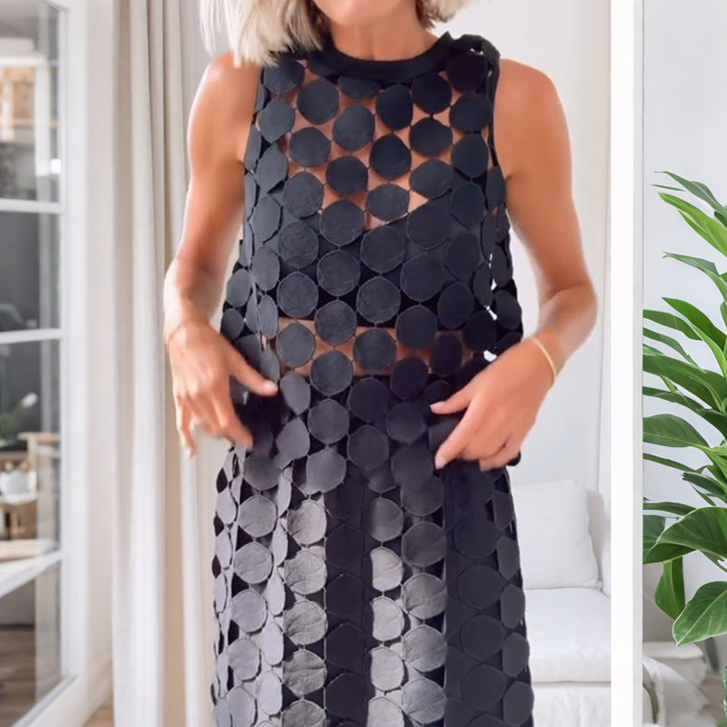 Casie Ver Através Círculo Bordado Cintura Elástica Tassle Hem Maxi Saia