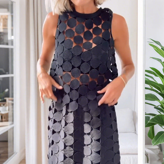 Casie Ver Através Círculo Bordado Cintura Elástica Tassle Hem Maxi Saia