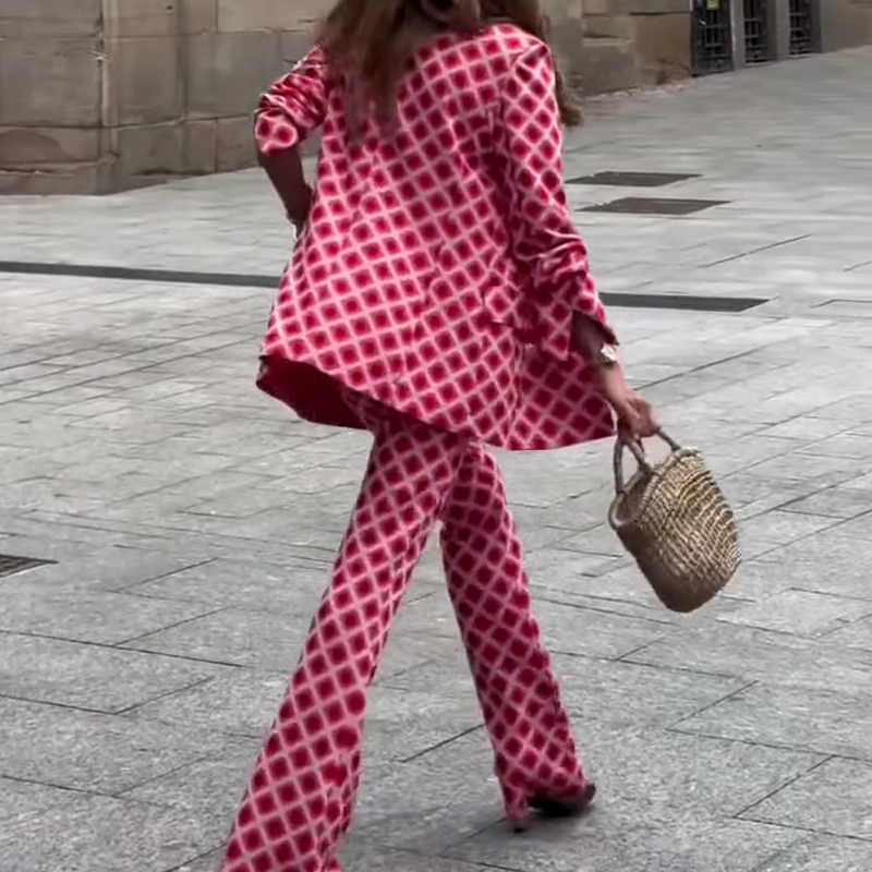 Chic Lady Unique Print Metal Button Pocketed Lapel Blazer and Elastic Waist Flare Pants Set