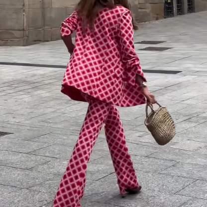 Chic Lady Unique Print Metal Button Pocketed Lapel Blazer and Elastic Waist Flare Pants Set