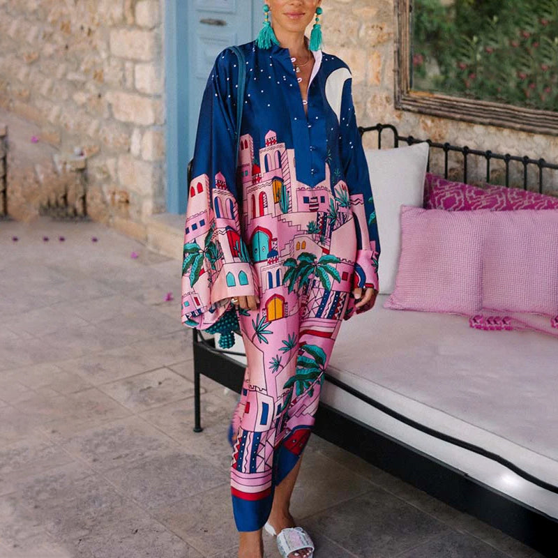 Seaside Stroll Satin Unique Print Button Up Long Sleeve Slit Kaftan Midi Dress