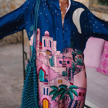 Seaside Stroll Satin Unique Print Button Up Long Sleeve Slit Kaftan Midi Dress