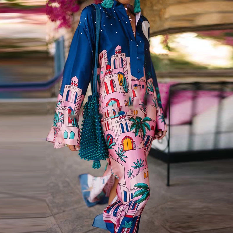 Seaside Stroll Satin Unique Print Button Up Long Sleeve Slit Kaftan Midi Dress