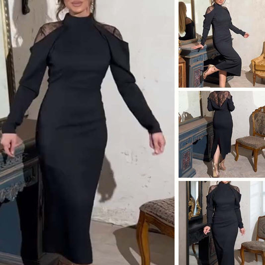 🖤Last Day Sale 50% Off 🖤 Women's Elegant Mock Neck Lace Back Midi Dress