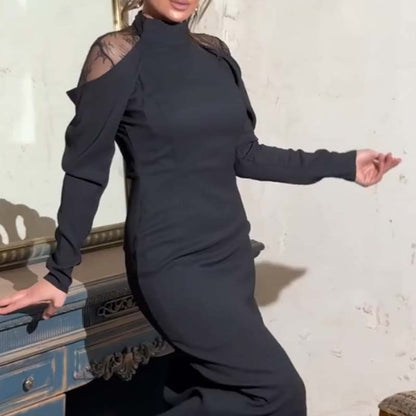 🖤Last Day Sale 50% Off 🖤 Women's Elegant Mock Neck Lace Back Midi Dress