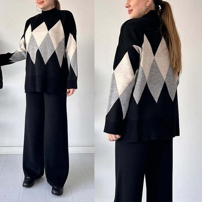 🔥Limited-time offer-Fashion Color-blocking Rhombus Sweater & Pants Set