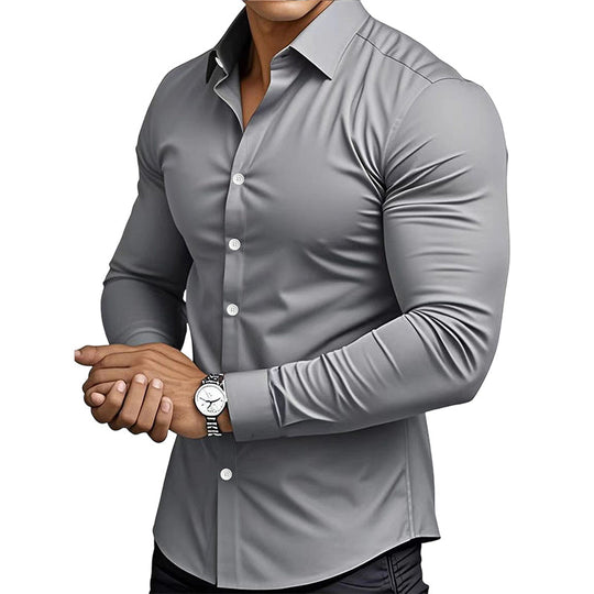 Men's Lapel Button-Down Shirt — Long Sleeve, Solid Colour 👔