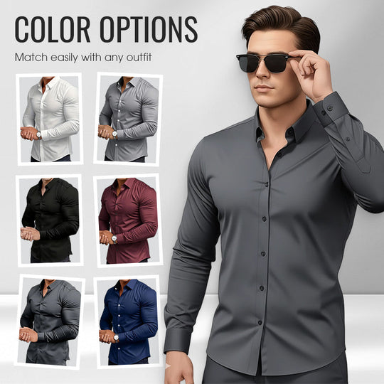 Men's Lapel Button-Down Shirt — Long Sleeve, Solid Colour 👔