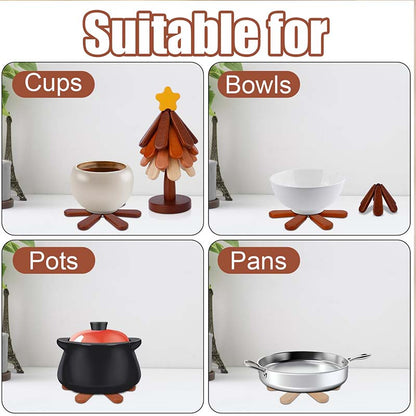 Wooden Tree-Shaped Trivet with Star or Apple