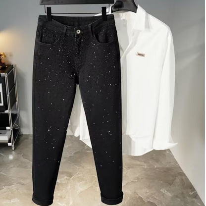 👖 HOT SALE 60% OFF! ✨ Rhinestone Embellished Slim-Fit Black Denim Jeans - Stretch Comfort with Sparkling Waistband for a Dazzling Look 💎🖤