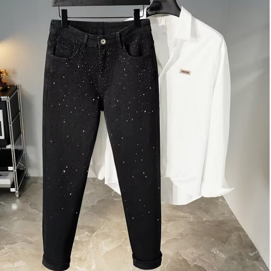 👖 HOT SALE 60% OFF! ✨ Rhinestone Embellished Slim-Fit Black Denim Jeans - Stretch Comfort with Sparkling Waistband for a Dazzling Look 💎🖤