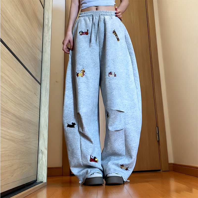 Embroidery Puppy Baggy Barrel Drawstring Sweatpants