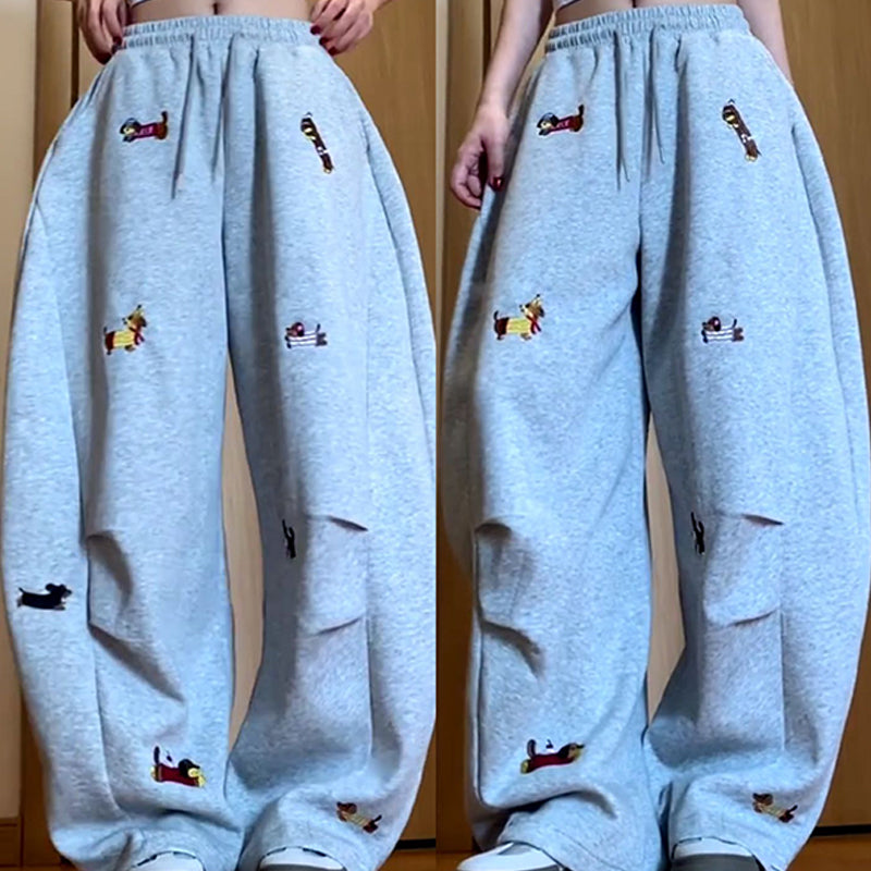 Embroidery Puppy Baggy Barrel Drawstring Sweatpants