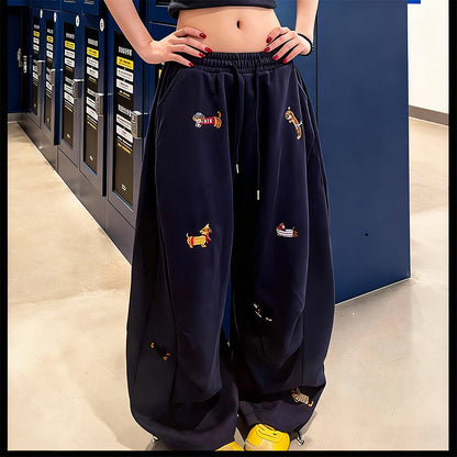Embroidery Puppy Baggy Barrel Drawstring Sweatpants