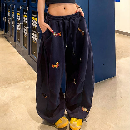 Embroidery Puppy Baggy Barrel Drawstring Sweatpants