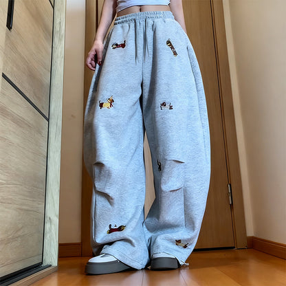 Embroidery Puppy Baggy Barrel Drawstring Sweatpants