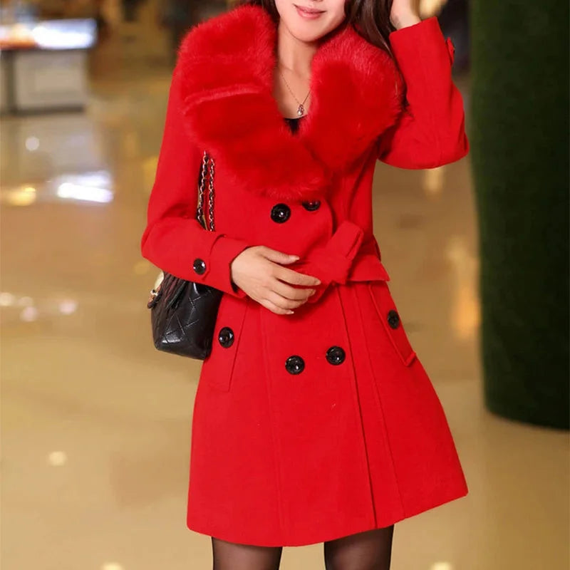 Women's casual double-breasted wool coat with plush collar
