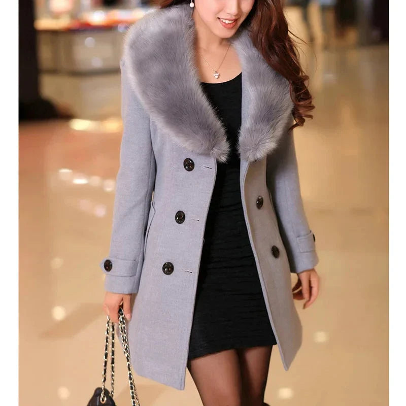 Women's casual double-breasted wool coat with plush collar