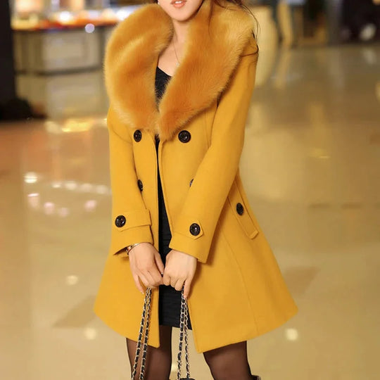 Women's casual double-breasted wool coat with plush collar