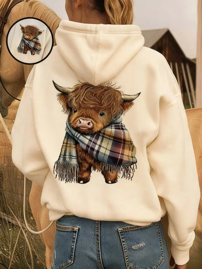 🎅 HOLIDAY HAUL SALE🦬Cute Highland Cow Cozy Fleece-Lined Hooded Sweatshirt🎁