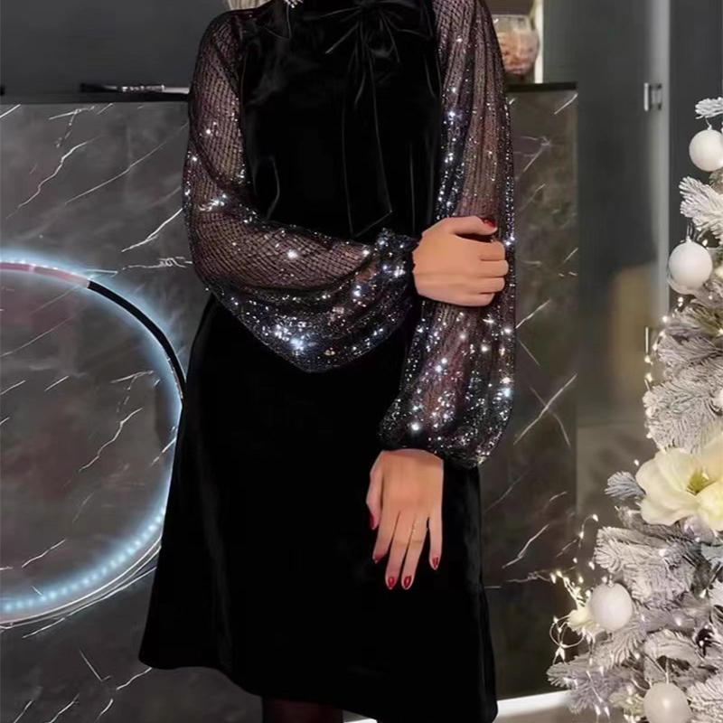 ⏳Limited-time 50% off⏰Women's Sequin Bow Tie Neck Dress✨👗