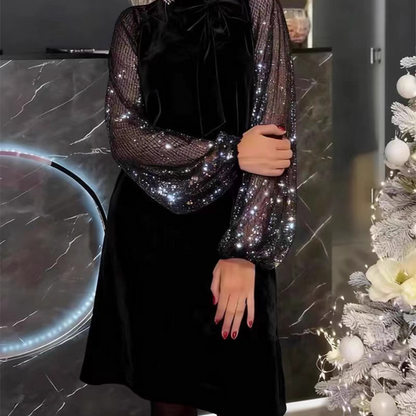 ⏳Limited-time 50% off⏰Women's Sequin Bow Tie Neck Dress✨👗