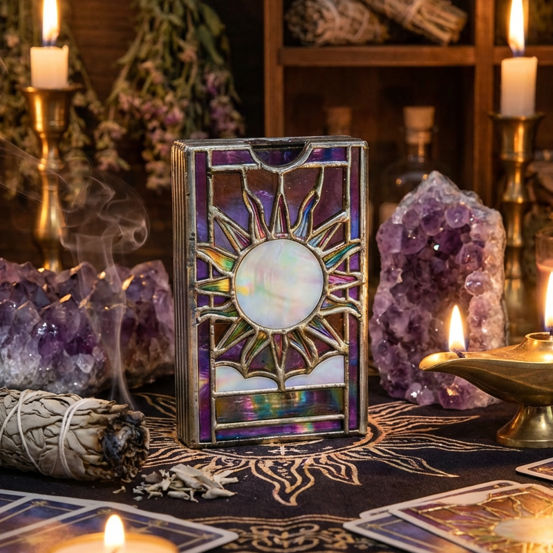 🔮✨Porta-mazo de tarot iridiscente místico: caja de vidrio de colores hecha a mano con acabado arcoíris brillante y ventana de exhibición sagrada. 🌈🔮