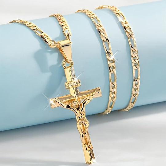 ✝️ ✨ Gold Crucifix Necklace – Detailed INRI Motif, Adjustable Figaro Chain & Hypoallergenic Finish 💛