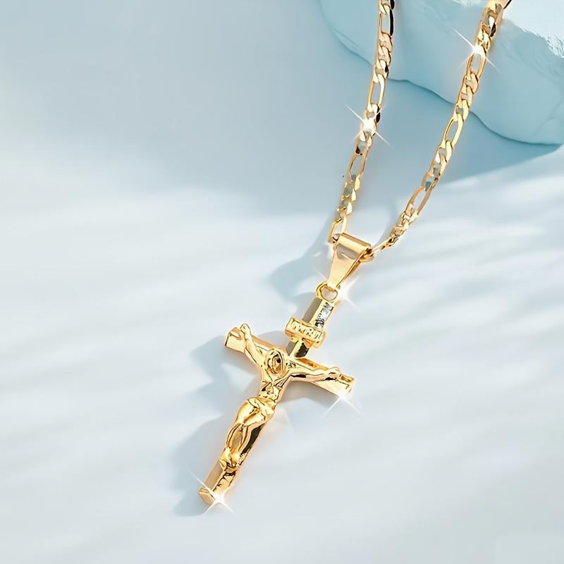 ✝️ ✨ Gold Crucifix Necklace – Detailed INRI Motif, Adjustable Figaro Chain & Hypoallergenic Finish 💛
