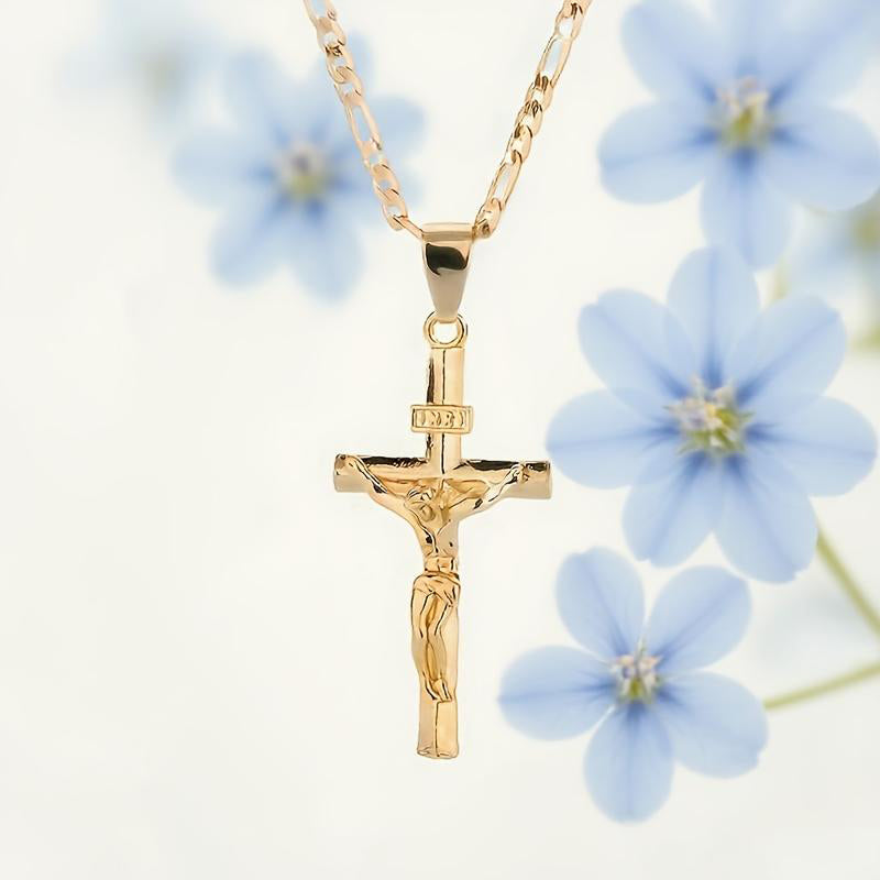 ✝️ ✨ Gold Crucifix Necklace – Detailed INRI Motif, Adjustable Figaro Chain & Hypoallergenic Finish 💛