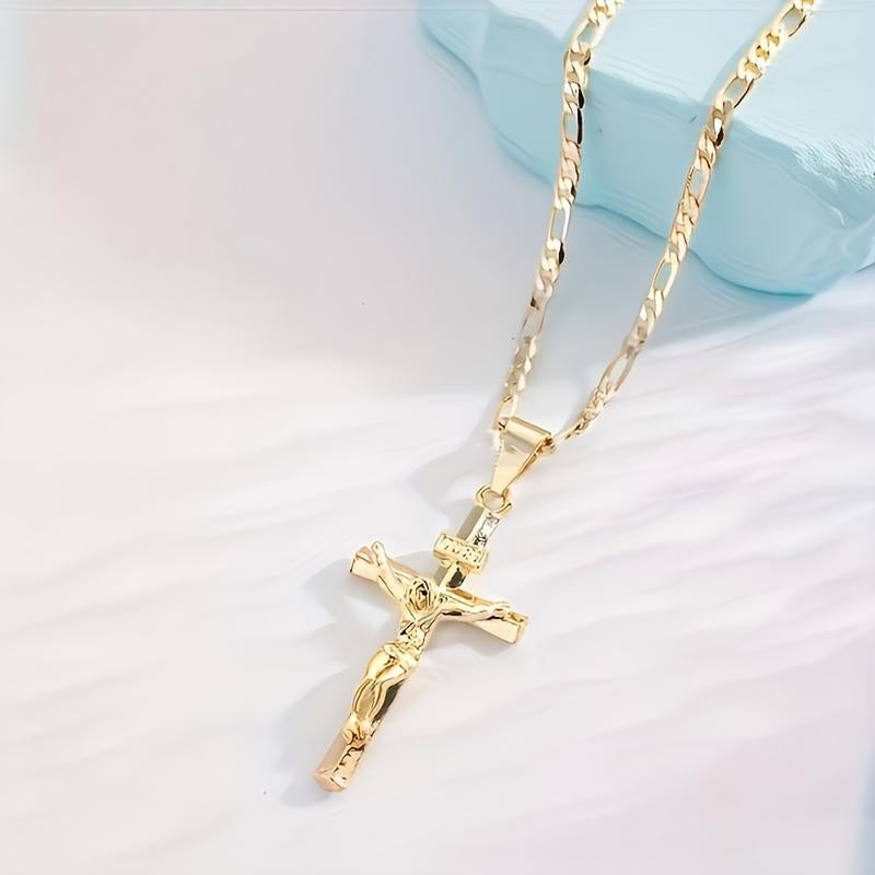 ✝️ ✨ Gold Crucifix Necklace – Detailed INRI Motif, Adjustable Figaro Chain & Hypoallergenic Finish 💛