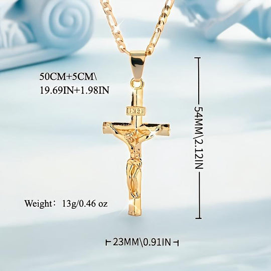 ✝️ ✨ Gold Crucifix Necklace – Detailed INRI Motif, Adjustable Figaro Chain & Hypoallergenic Finish 💛