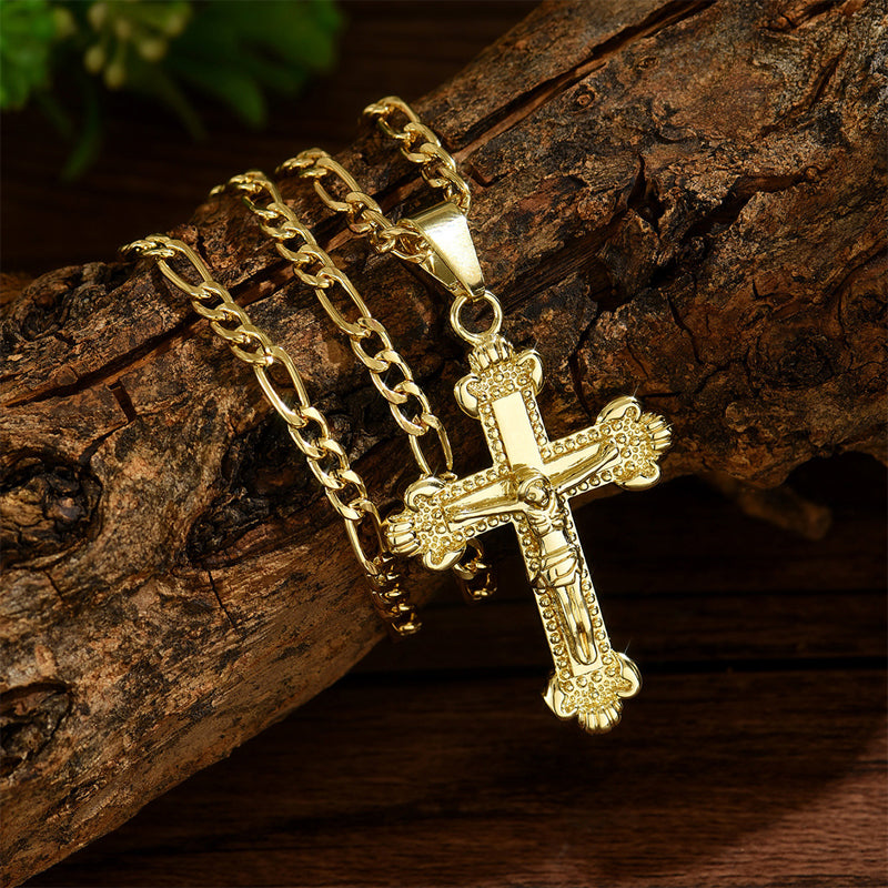 ✝️ ✨ Gold Crucifix Necklace – Detailed INRI Motif, Adjustable Figaro Chain & Hypoallergenic Finish 💛
