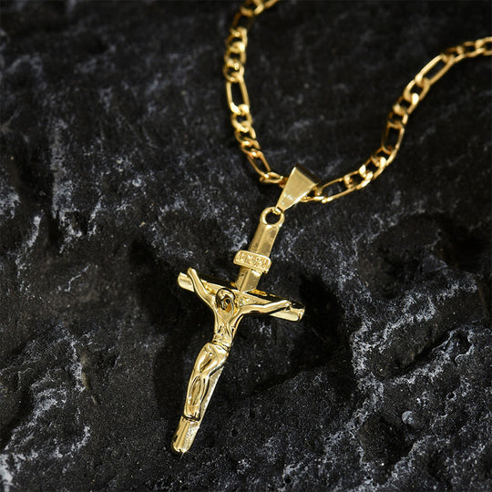 ✝️ ✨ Gold Crucifix Necklace – Detailed INRI Motif, Adjustable Figaro Chain & Hypoallergenic Finish 💛