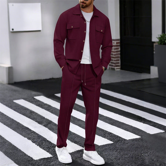 🔥 Men's Waffle Button-Up Jacket & Trousers Set – Breathable Waffle Knit, Relaxed Fit & Effortless Casual Style 👕👖