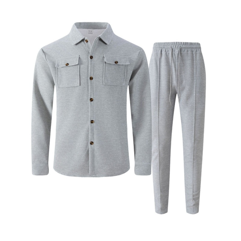 🔥 Men's Waffle Button-Up Jacket & Trousers Set – Breathable Waffle Knit, Relaxed Fit & Effortless Casual Style 👕👖