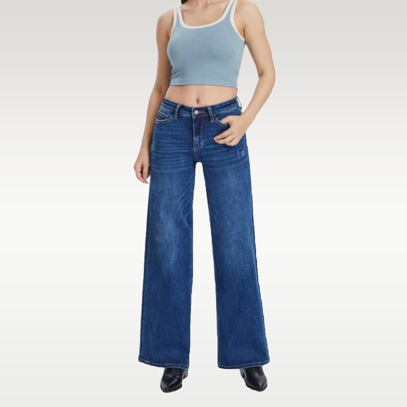 🎉 2026 Sale !! 👖Mid-low Rise BBL Jeans Stretchy Wide Leg Tummy Control Distressed Baggy Denim Pants 🌸