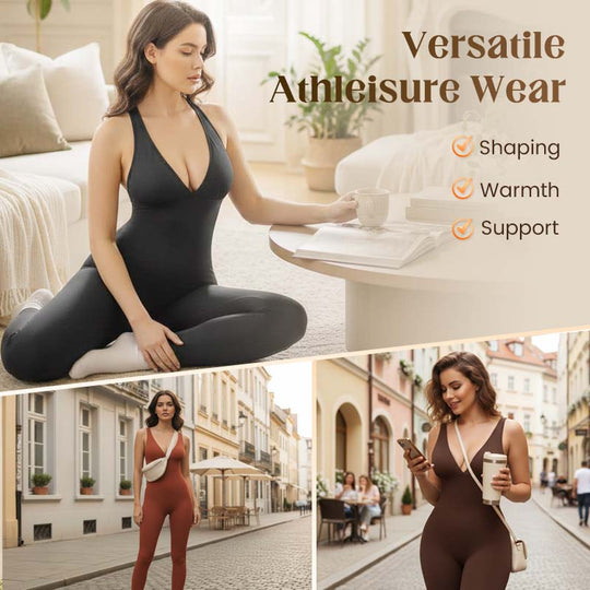 💞50K+ SOLD!🌸High-Stretch V-Neck Jumpsuit – All-day ease for fitness & beyond. Breathable, flexible & effortlessly chic. 🧘‍♀️💫Your go-to for movement.