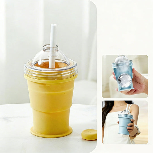 Portable Silicone Cup with Straw & Ice Mold