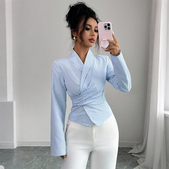 Women's V-Neck Long Sleeve Striped Wrap Blouse
