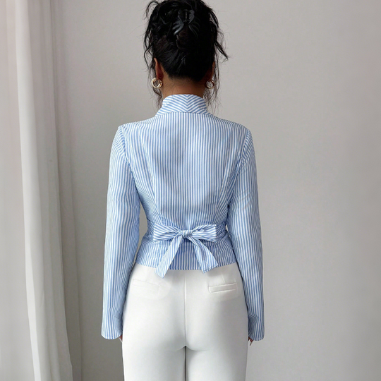 Women's V-Neck Long Sleeve Striped Wrap Blouse