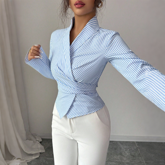Women's V-Neck Long Sleeve Striped Wrap Blouse
