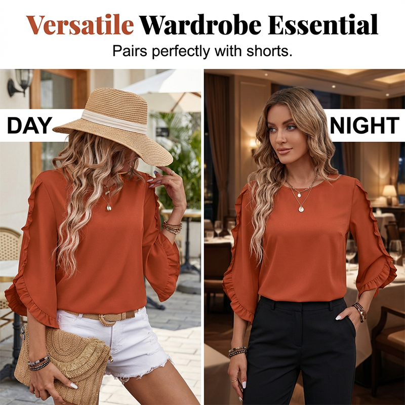 🍂 Women's Ruffle Trim Flowy Sleeve Blouse