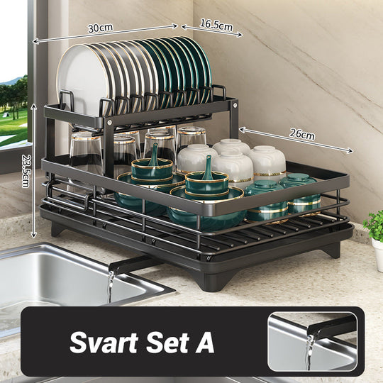 Foldable Over Sink Dish Drying Rack｜Pull-Out 2-Tier Dish Drainer with Utensil Holder｜Space Saving Kitchen Organizer for Small Kitchens