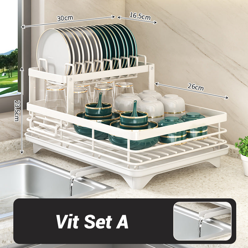 Foldable Over Sink Dish Drying Rack｜Pull-Out 2-Tier Dish Drainer with Utensil Holder｜Space Saving Kitchen Organizer for Small Kitchens