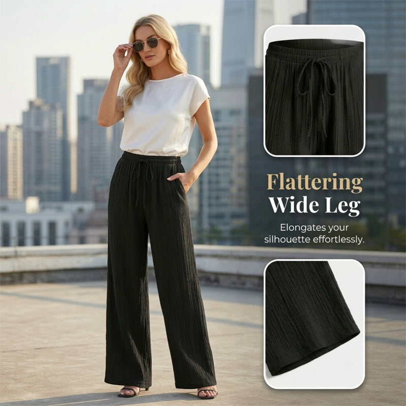 🥳34% OFF today!! 🥳High Waisted Drawstring Wide Leg Casual Linen-Feel Soft Touch Trousers with Side Pockets