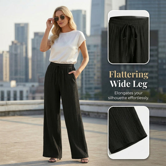 🥳34% OFF today!! 🥳High Waisted Drawstring Wide Leg Casual Linen-Feel Soft Touch Trousers with Side Pockets